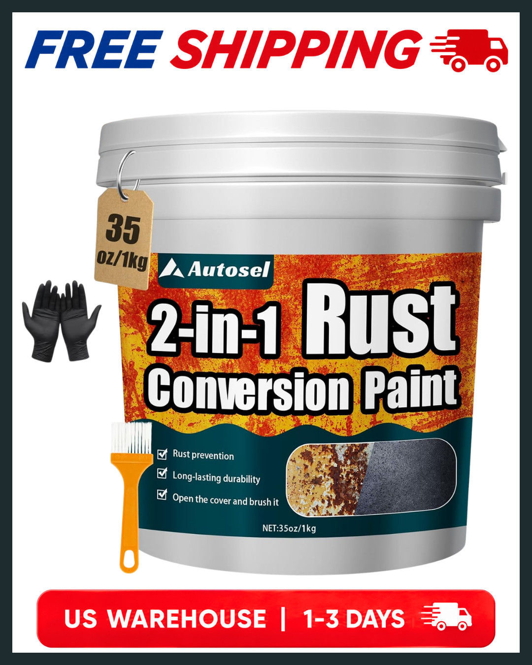 Autosel 2-in-1 Rust Converter & Metal Primer, 35.01 Fl Oz (Pack of 1), Black