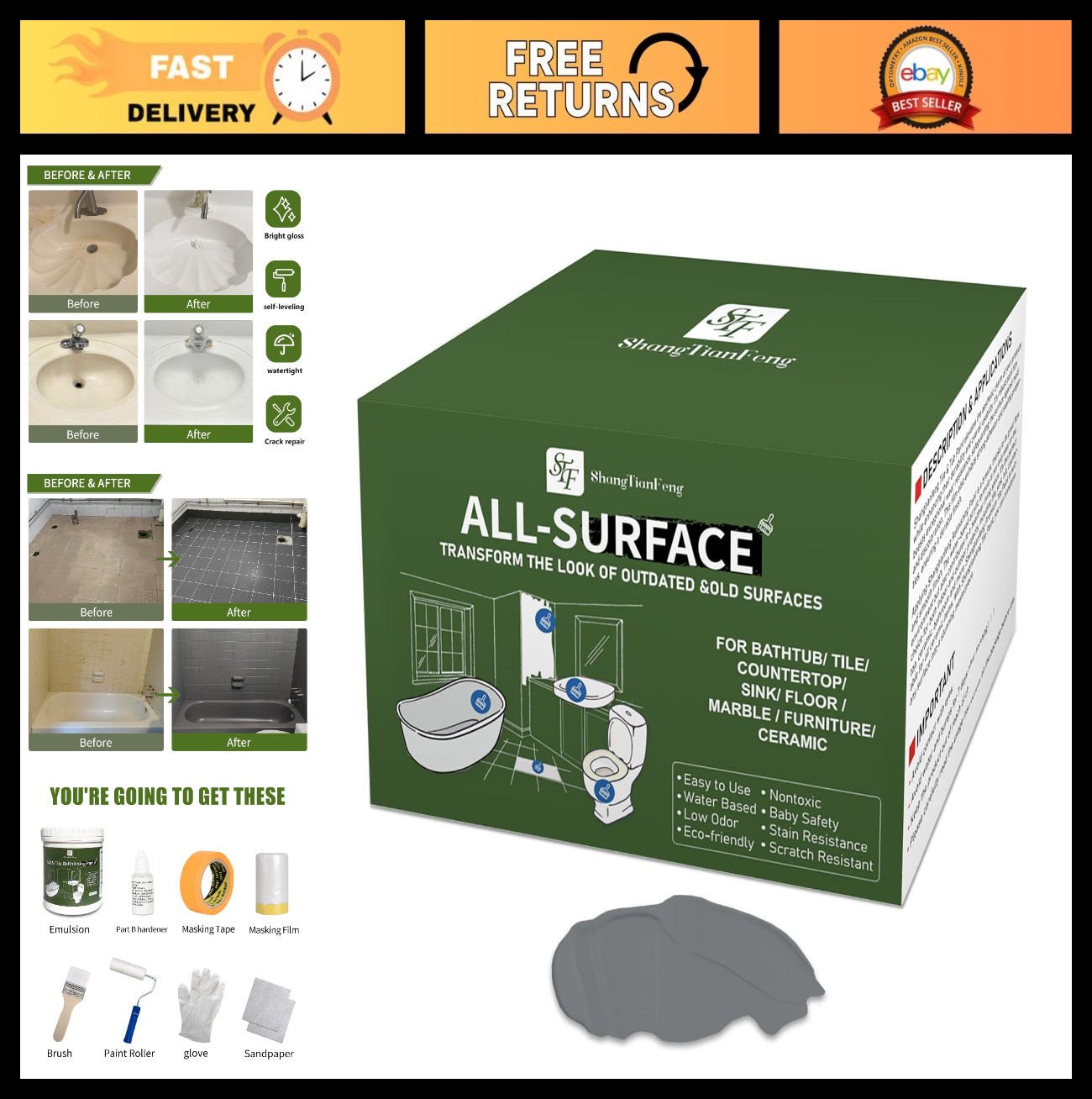 Grey Ceramic Tile Paint Kit for Bathtub & Sink Refinishing, Easy Use, Low Odor,