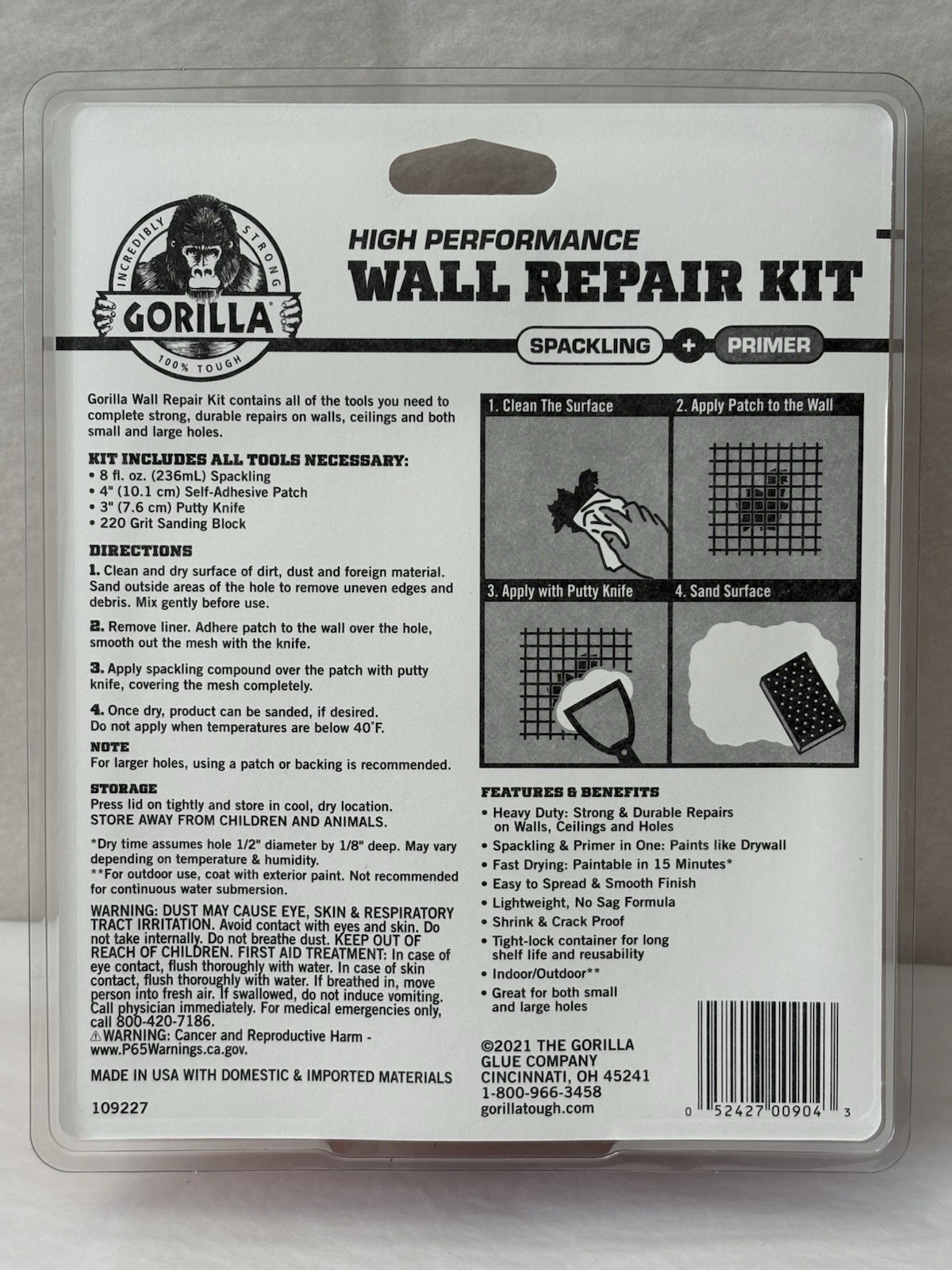 New Gorilla High Performance Wall Repair Kit Spackling + Primer 109227