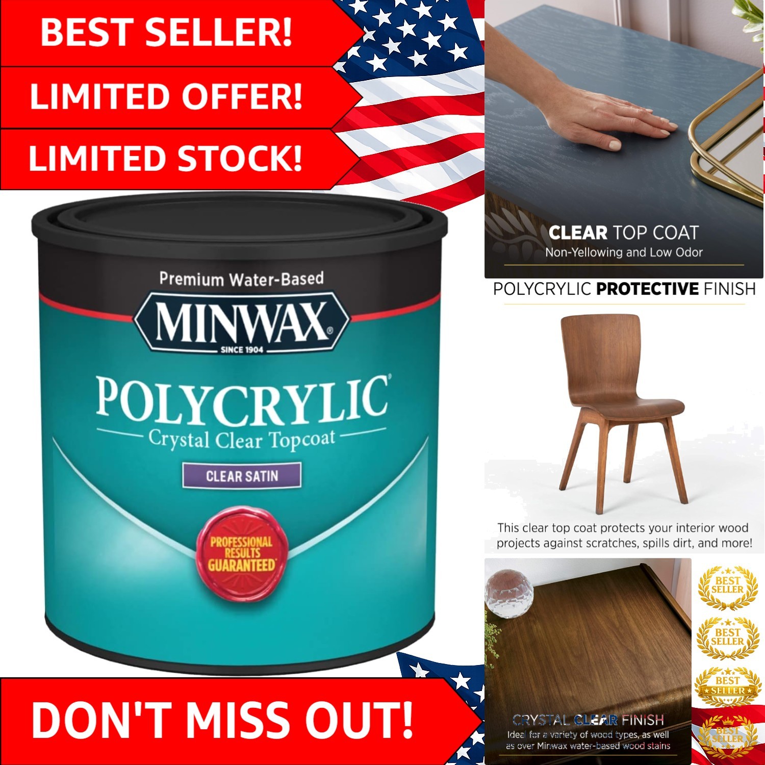 Minwax Polycrylic Protective Wood Finish, Clear Satin, ½ Pint – Fast Drying