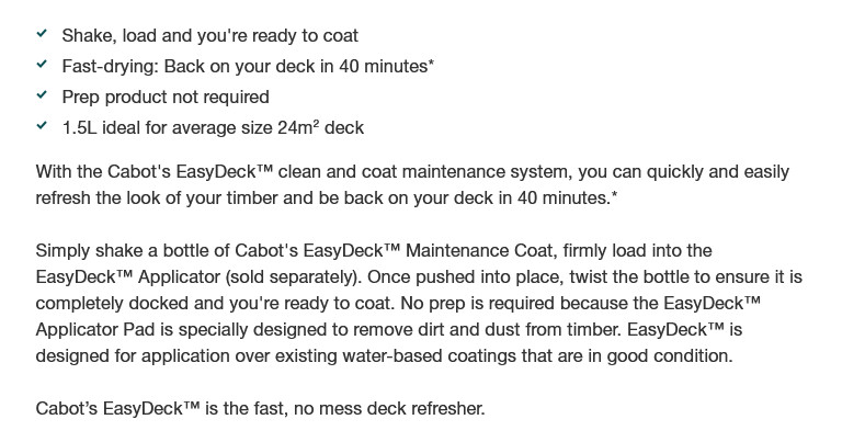 Cabots EASYDECK Maintenance Coat – 1.5L – FREE SHIP in Australia