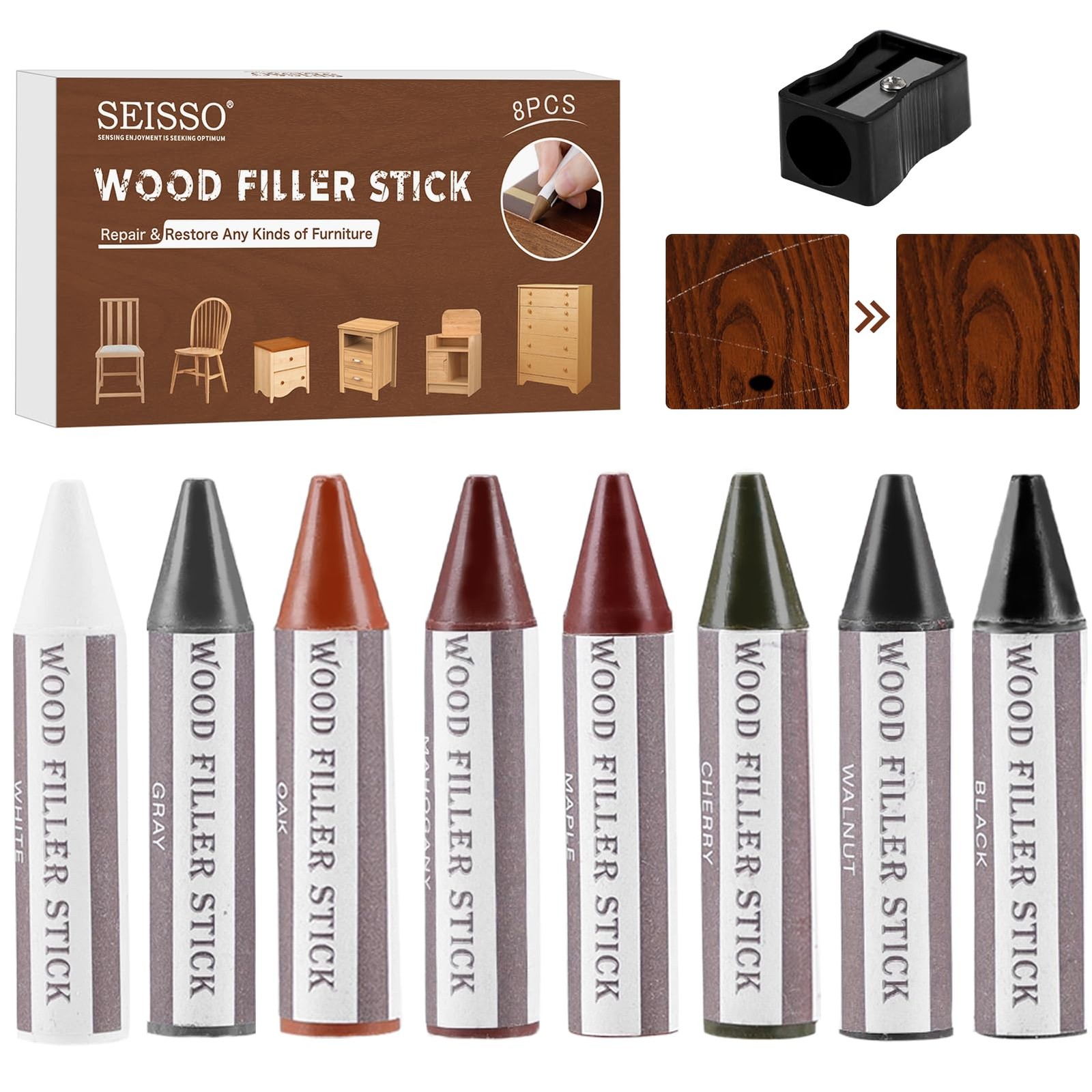 SEISSO Wood Furniture Scratch Repair Filler Sticks, 8 Colors Wax Sticks with Sha