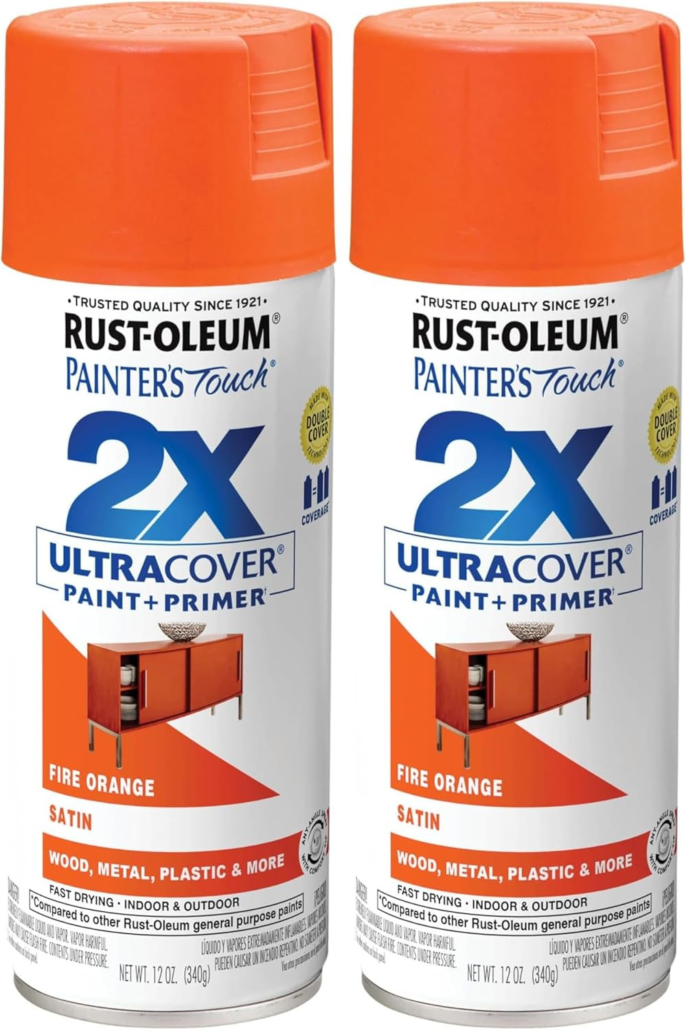 263149 Painter’S Touch 2X Ultra Cover Spray Paint, 12 Oz, Satin Fire Orange (Pac