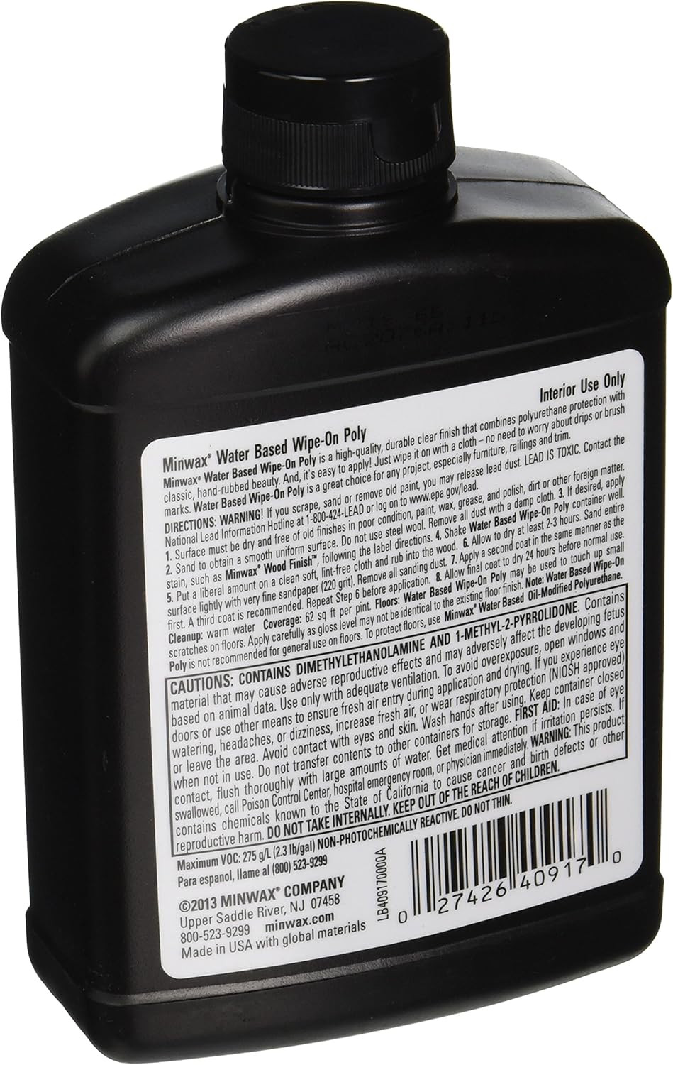 Water-Based Wipe-On Polyurethane, Satin, 1 Pint