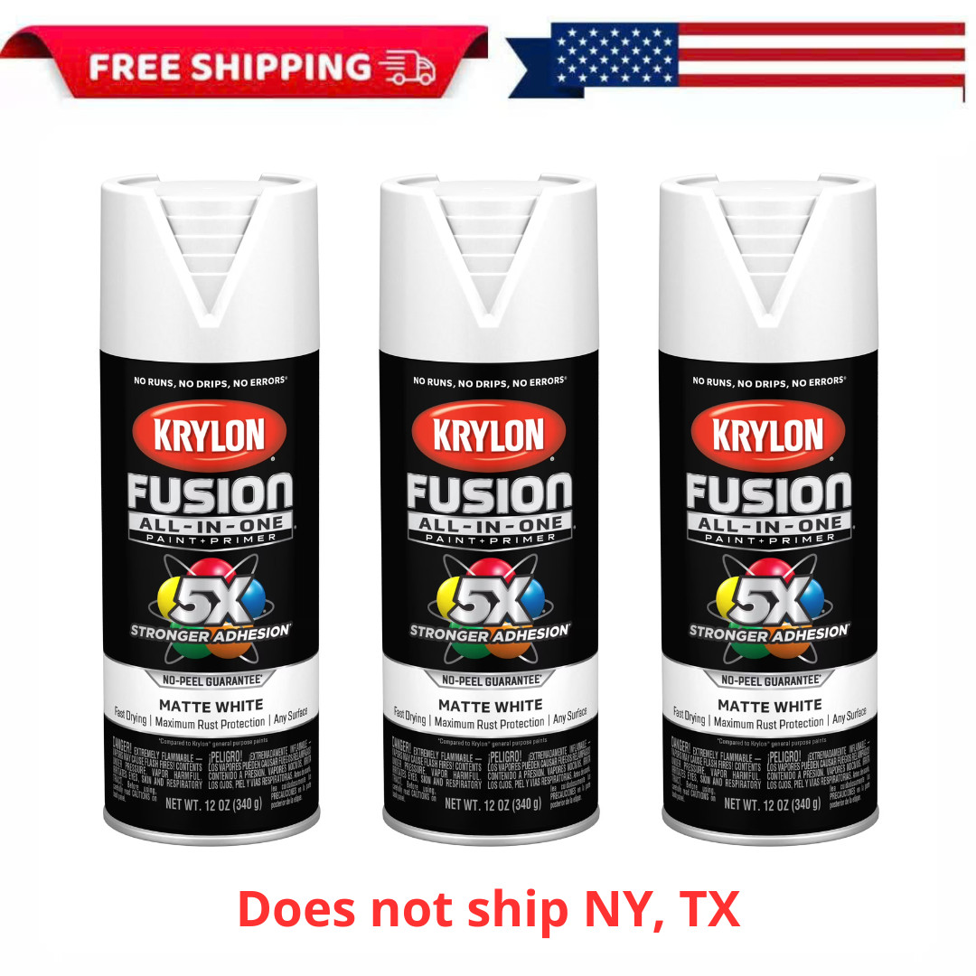 3 Pack Krylon Fusion All-In-One Spray Paint, Matte White, 12 oz, Multi-Surface