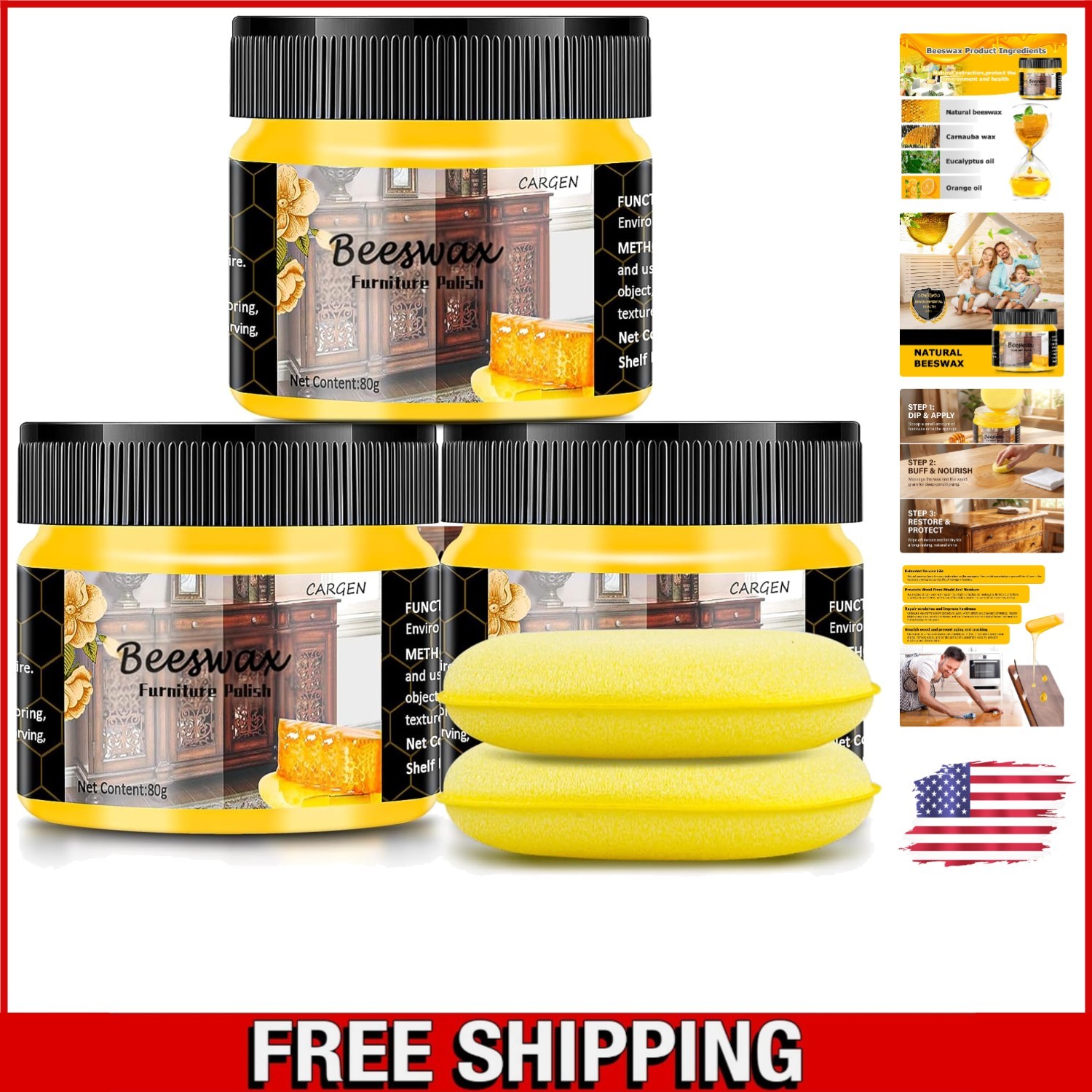 Natural Wood Wax Polish – 3 PCS Beeswax for Lasting Shine & Protection
