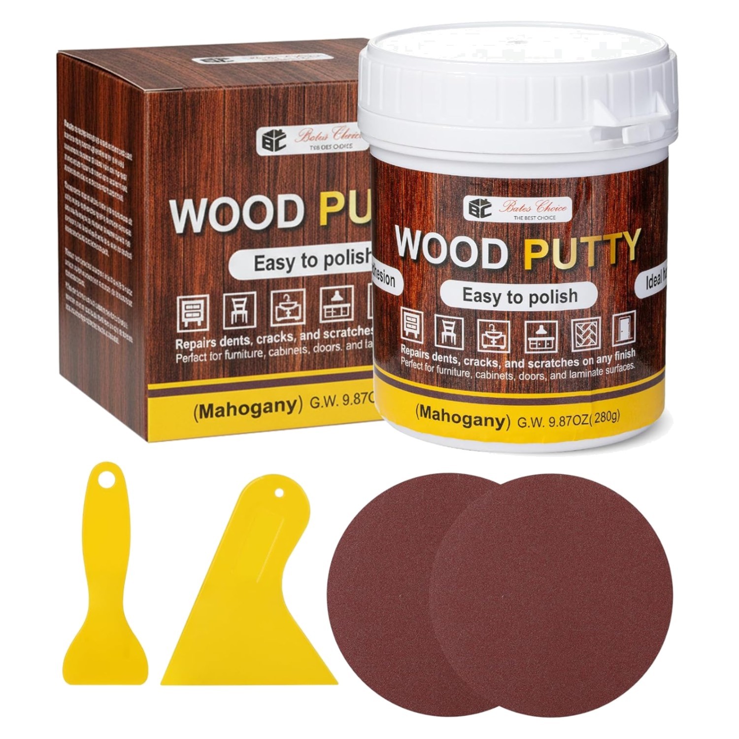 Bates- Wood Filler Putty Repair Kit, 9.87 Ounce, 2 Scrapers, 2 Mahogany