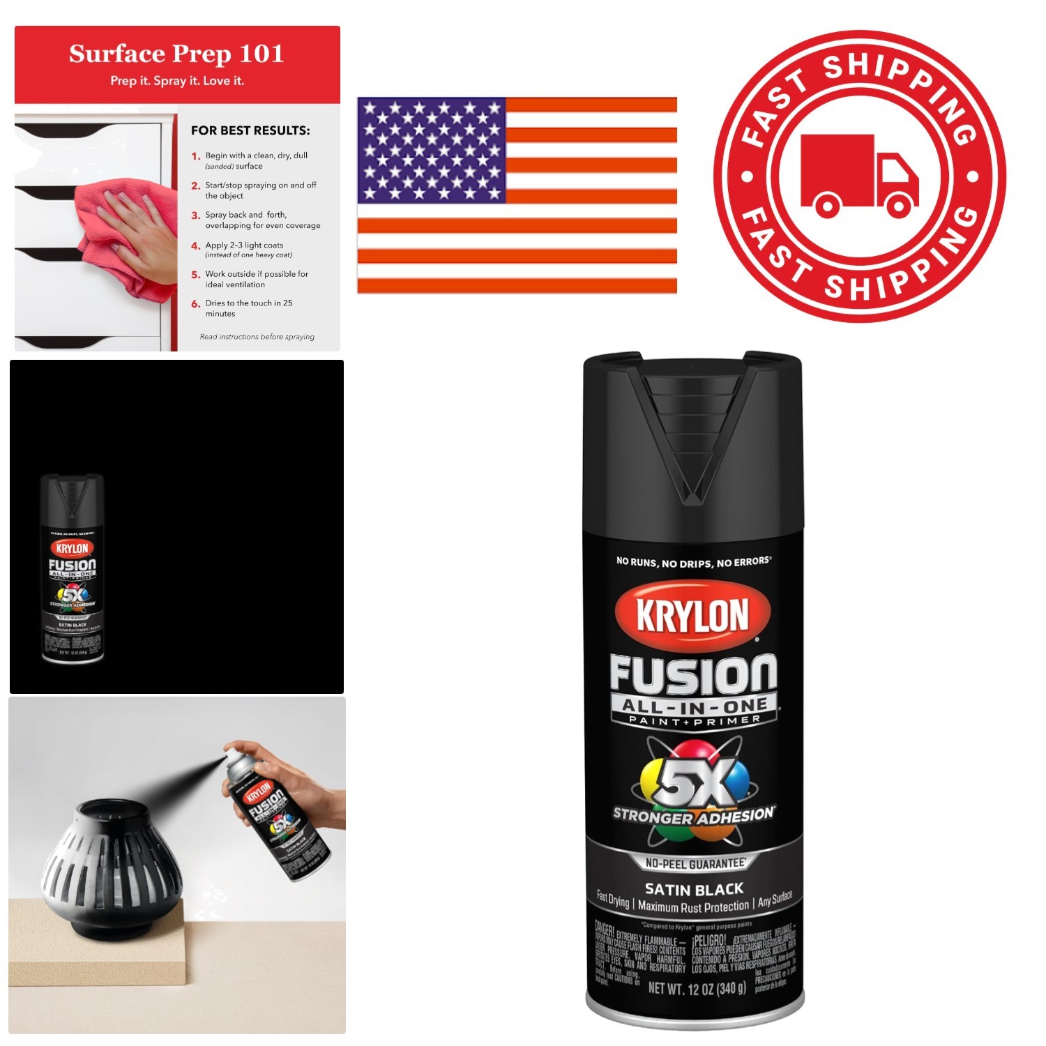 Black All In One Spray Paint 12 Ounce Strong Adhesion for Difficult Surfaces
