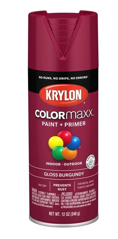 Krylon COLORmaxx Spray Paint + Primer, 5508 Gloss Burgundy Red, 12 Oz.