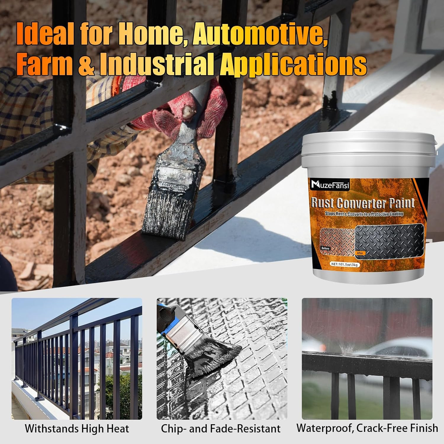 2-In-1 Rust Converter & Metal Primer, 101.5Oz Black Rust Inhibitor Paint for Met