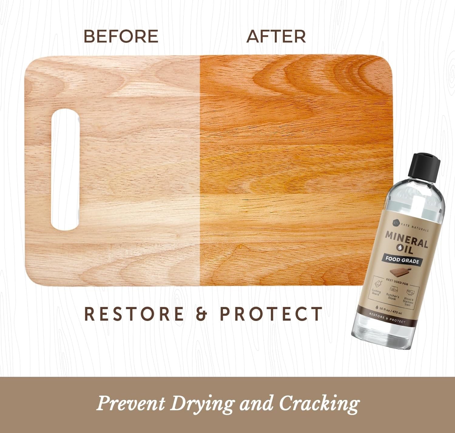 Kate Naturals Mineral Oil for Wood Cutting Board, Butcher 8 fl oz, Clear