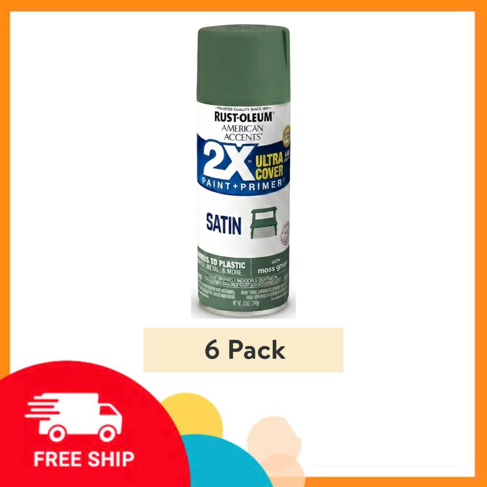 6 – Pack Rust-Oleum American Accents 2X Ultra Spray Paint, Moss Green , 12 oz