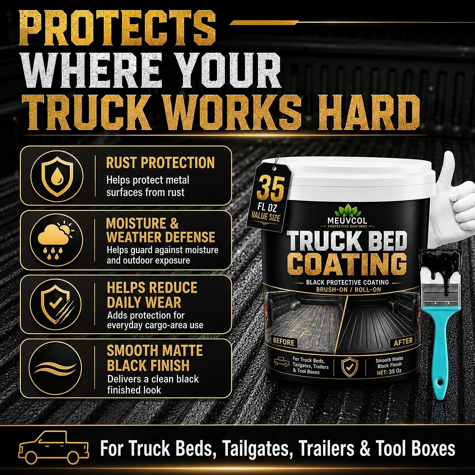 Meuvcol 35 Oz Black Truck Bed Liner Paint Brush Roll-On