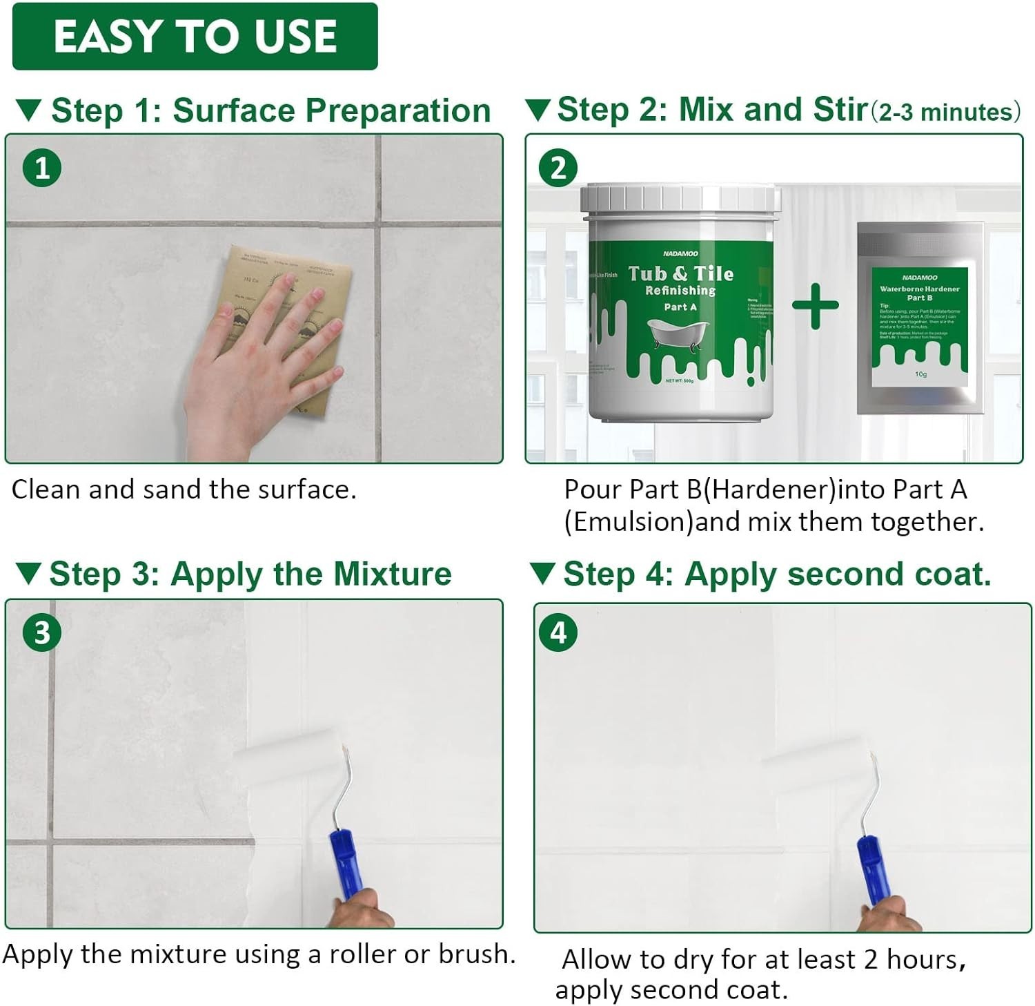 White Enamel Tub and Tile Refinishing Kit – Low Odor, Water Resistant, 17.5 Oz