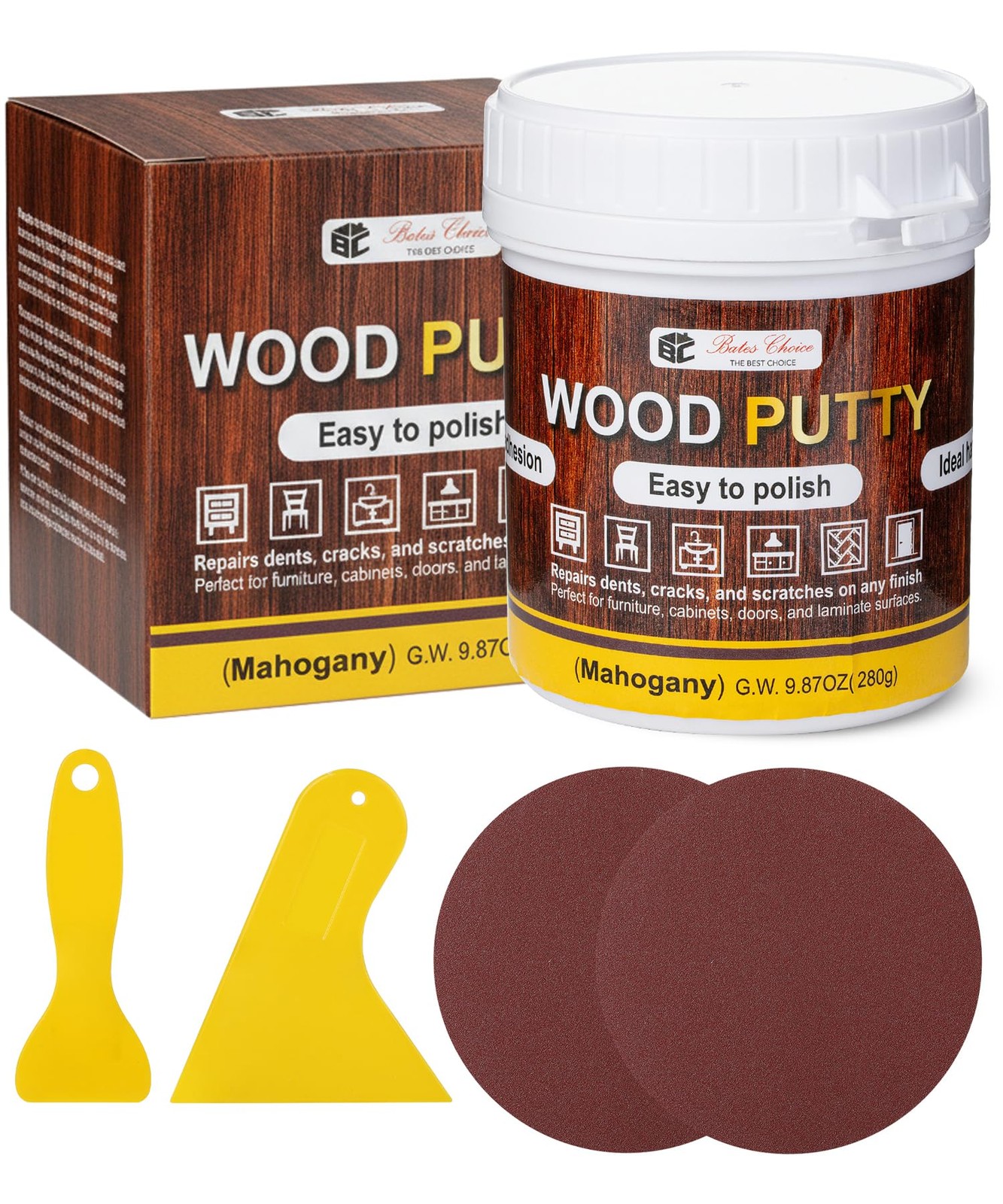 Bates- Wood Filler Putty Repair Kit, 9.87 Ounce, 2 Scrapers, 2 Mahogany