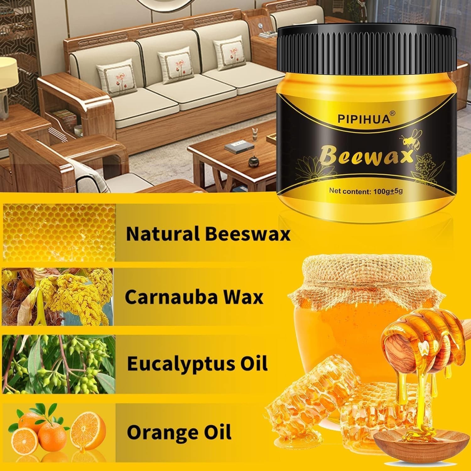 Natural Beeswax Polish & Conditioner for Wood – Waterproof Restorer with Sponges