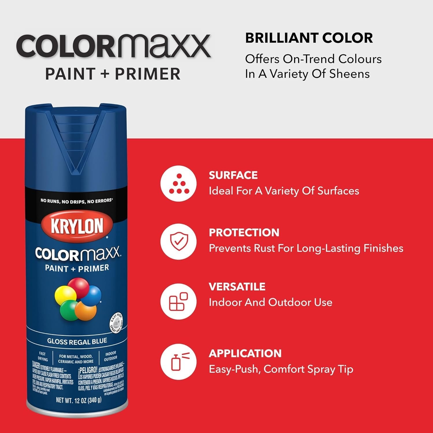 Acrylic Spray Paint & Primer, 12oz Gloss Regal Blue – Versatile Rust Protection