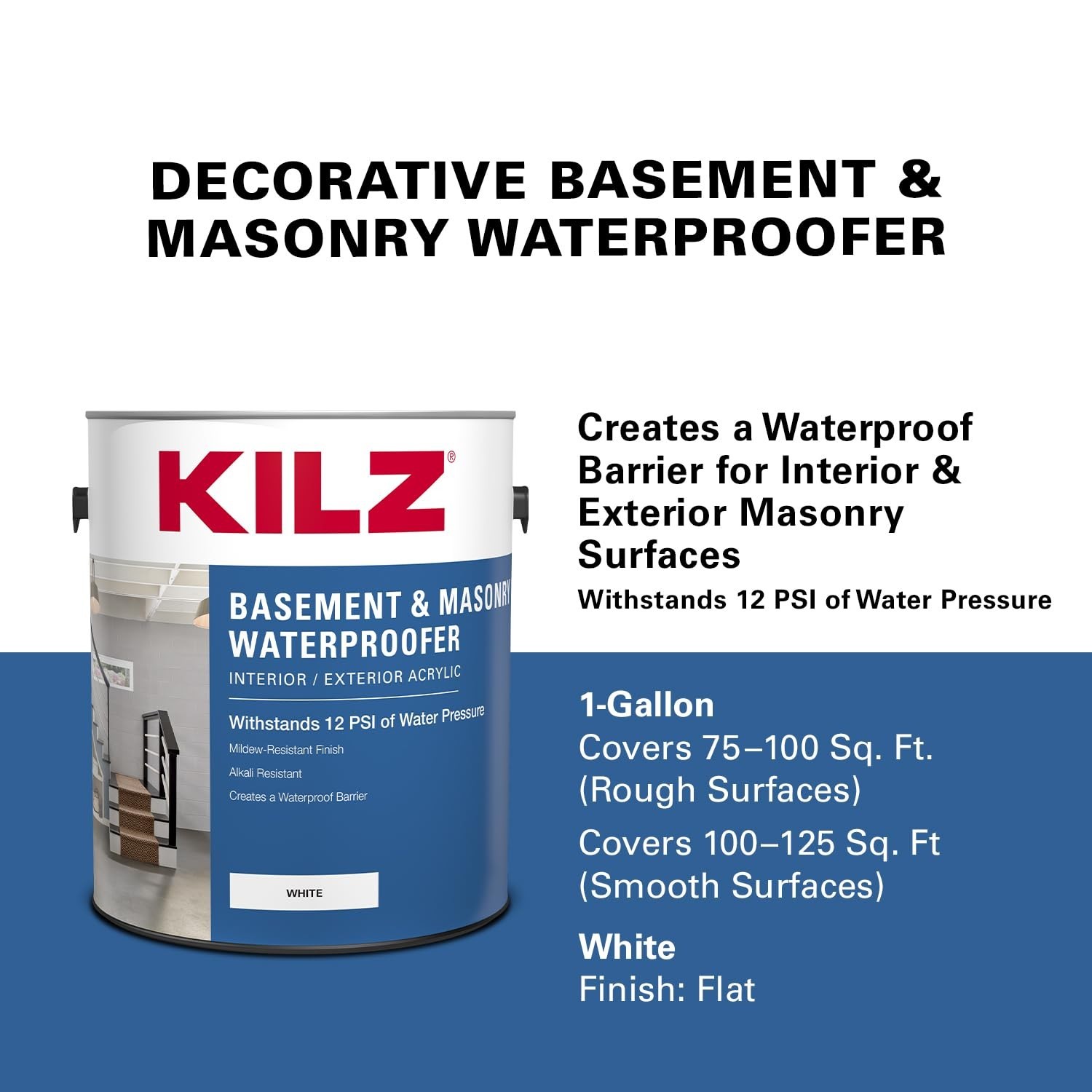Waterproofing Paint for Basement & Masonry – White, Interior/Exterior, 1 Gallon
