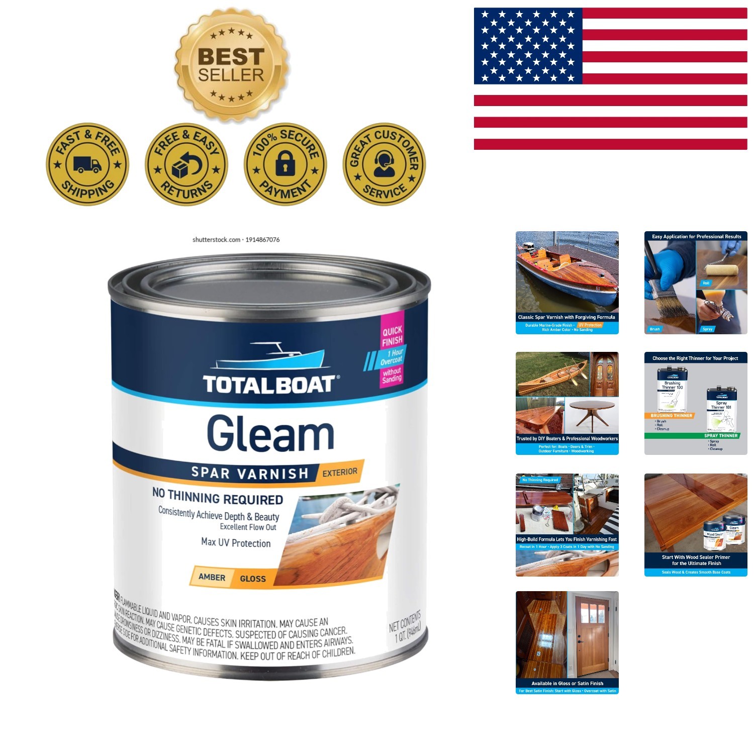Gleam Marine Spar Varnish – Fast-Drying Gloss & Satin Finish for Outdoors, Quart