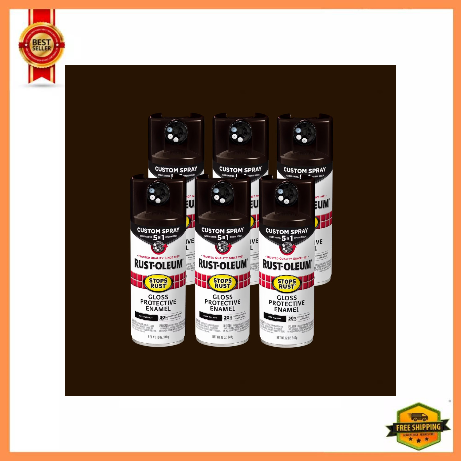 Rust-Oleum Stops Rust Custom 5-in-1 Dark Walnut Gloss Spray Paint, 6 Pack