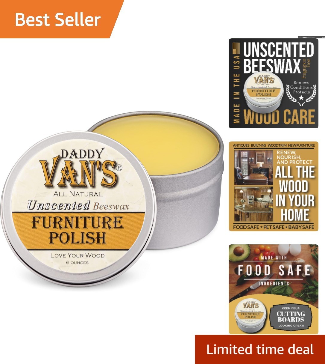 Chemical-Free Beeswax Wood Polish – Non-Toxic, Unscented 6oz for Antiques & More