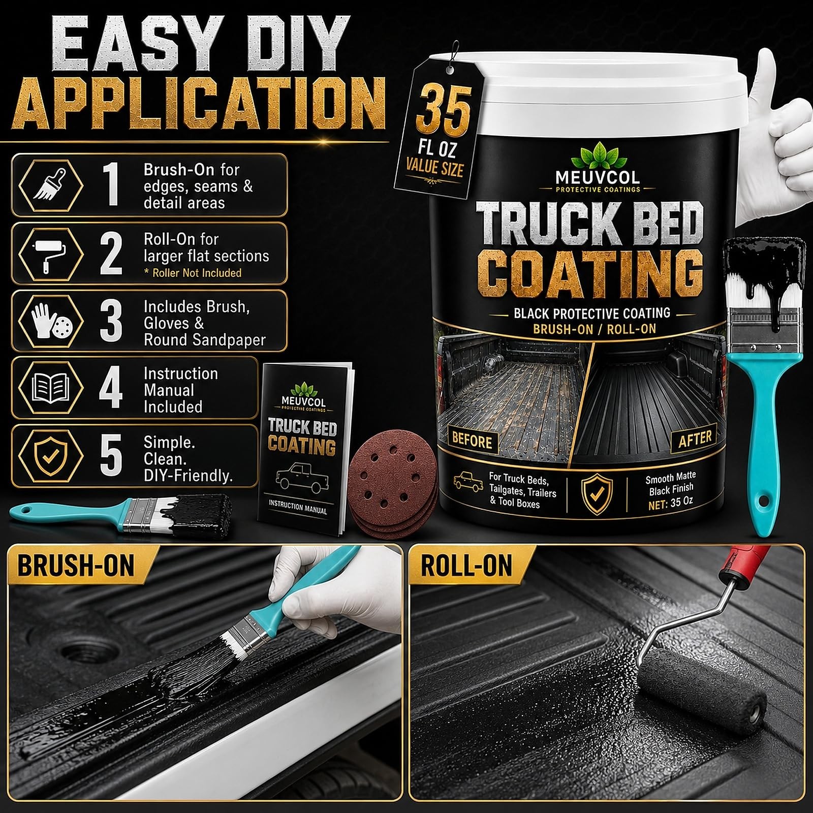 Meuvcol 35 Oz Black Truck Bed Liner Paint Brush Roll-On
