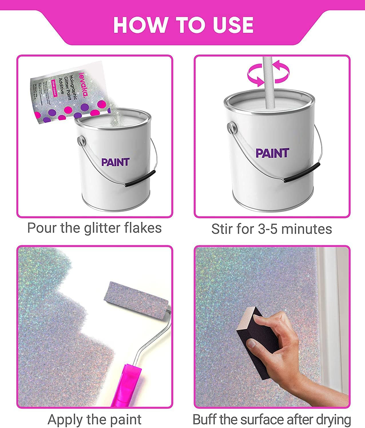 LEVAKA Glitter Paint Additive for Walls – Holographic Silver Paint Glitter for P
