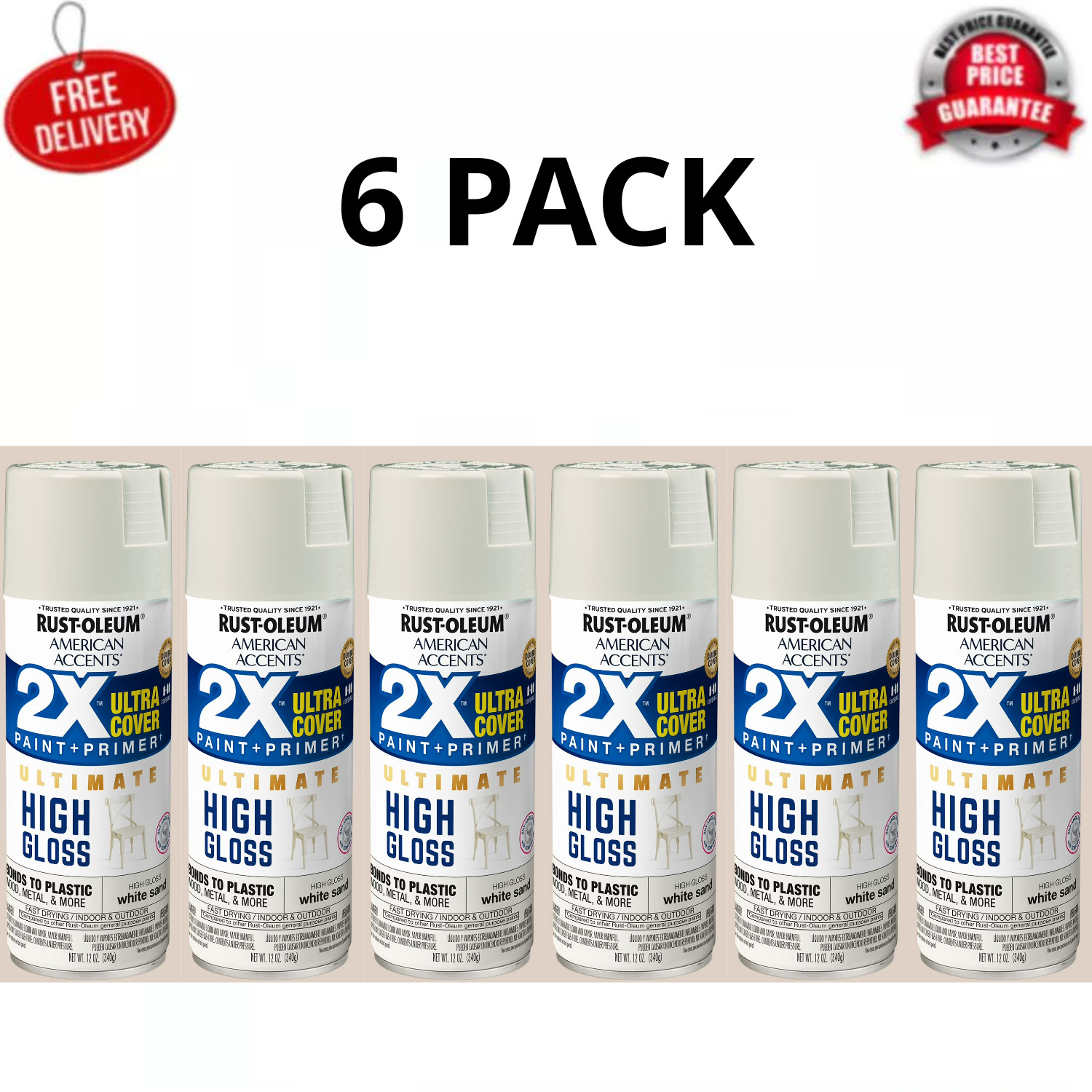 Rust-Oleum American Accents 2X White Sand High Gloss Spray Paint 12oz, 6 Pack
