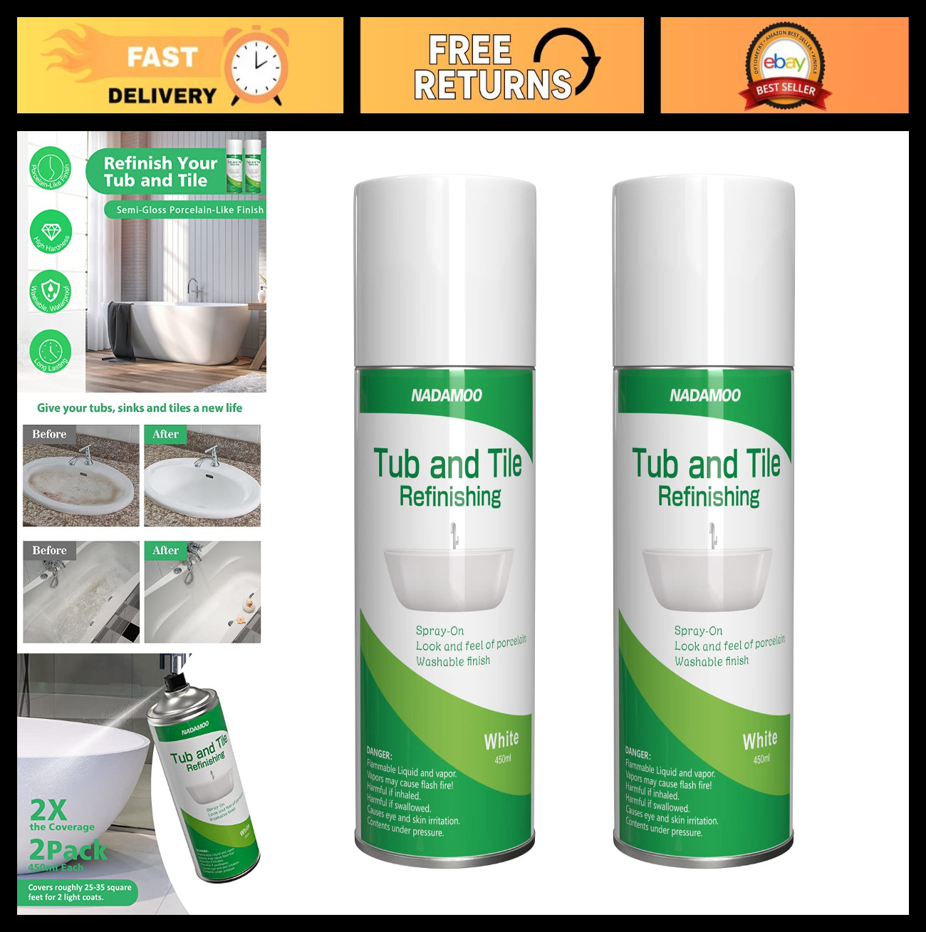 DIY Bathtub & Tile Refinishing Spray Paint Kit, 450ml (2 Pack) – Semi-Gloss Coat
