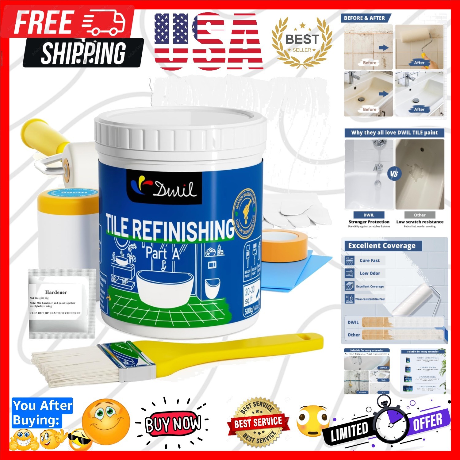 Tub Paint, Tub and Tile Refinishing Kit with Tools, White Bathtub Paint Water…