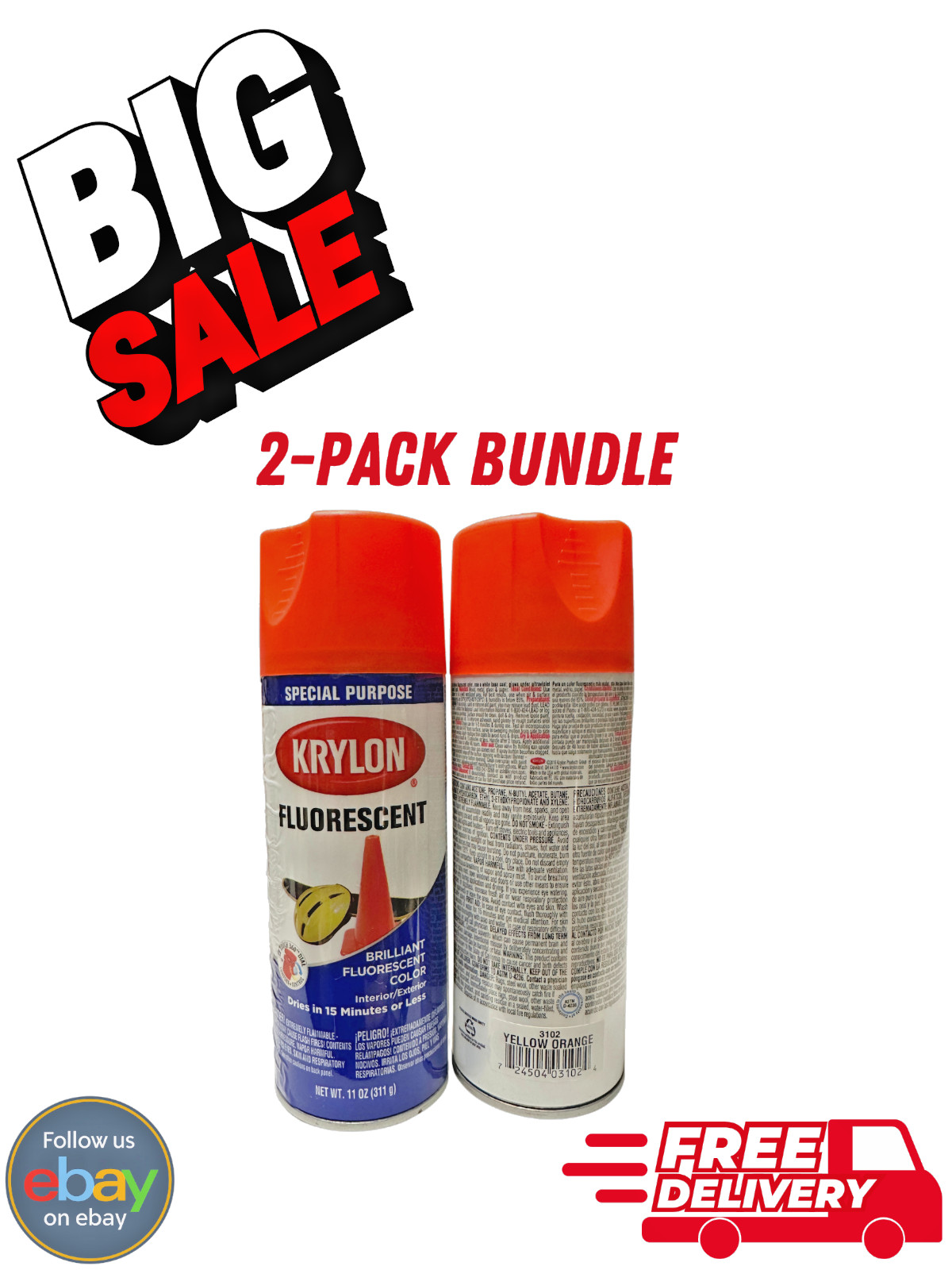 2-Pack Krylon 3102 Fluorescent Yellow Orange Spray Paint 11 oz Special Purpose
