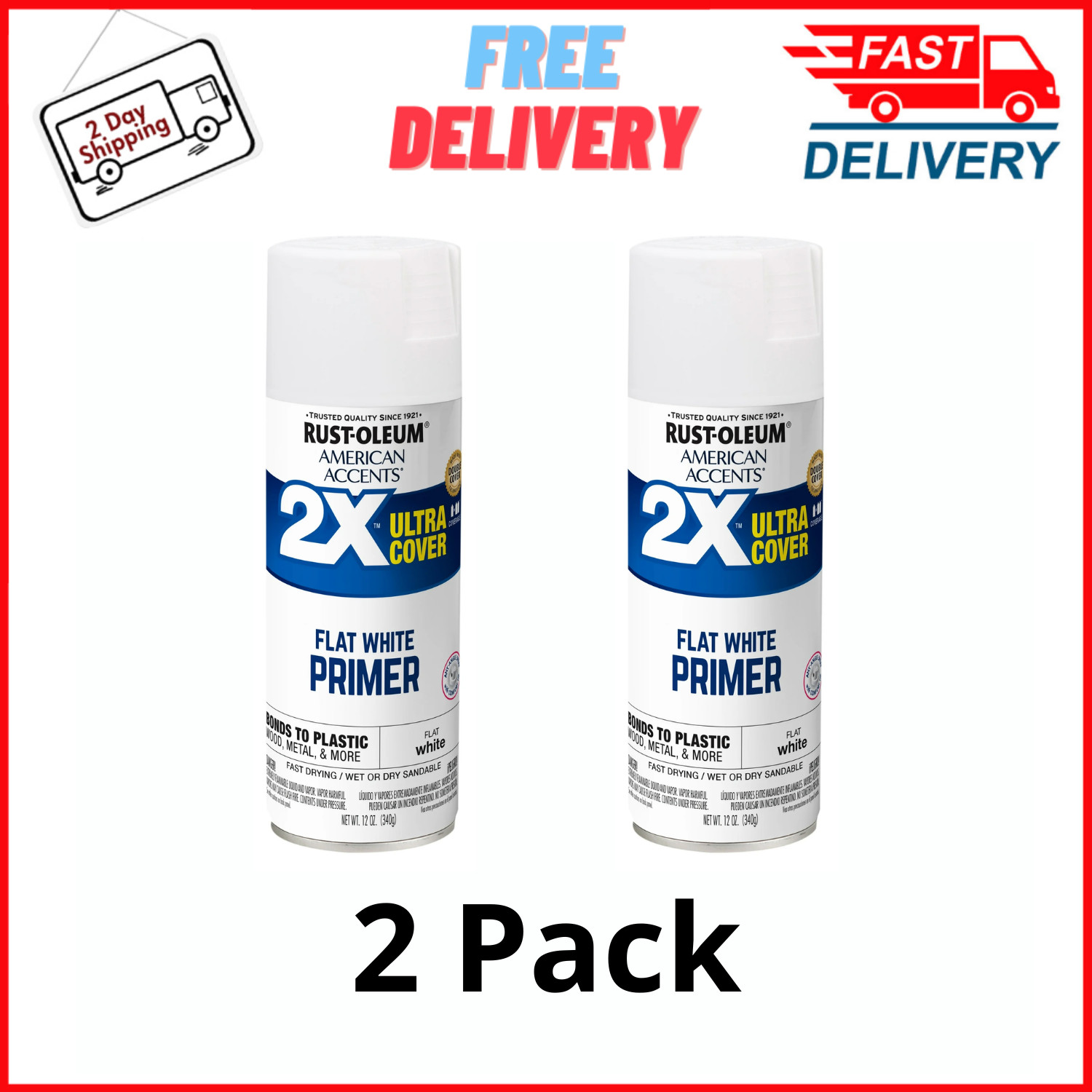 (2 Pack) White Primer, Rust-Oleum 2X Ultra Cover Flat Spray Paint – 12 oz