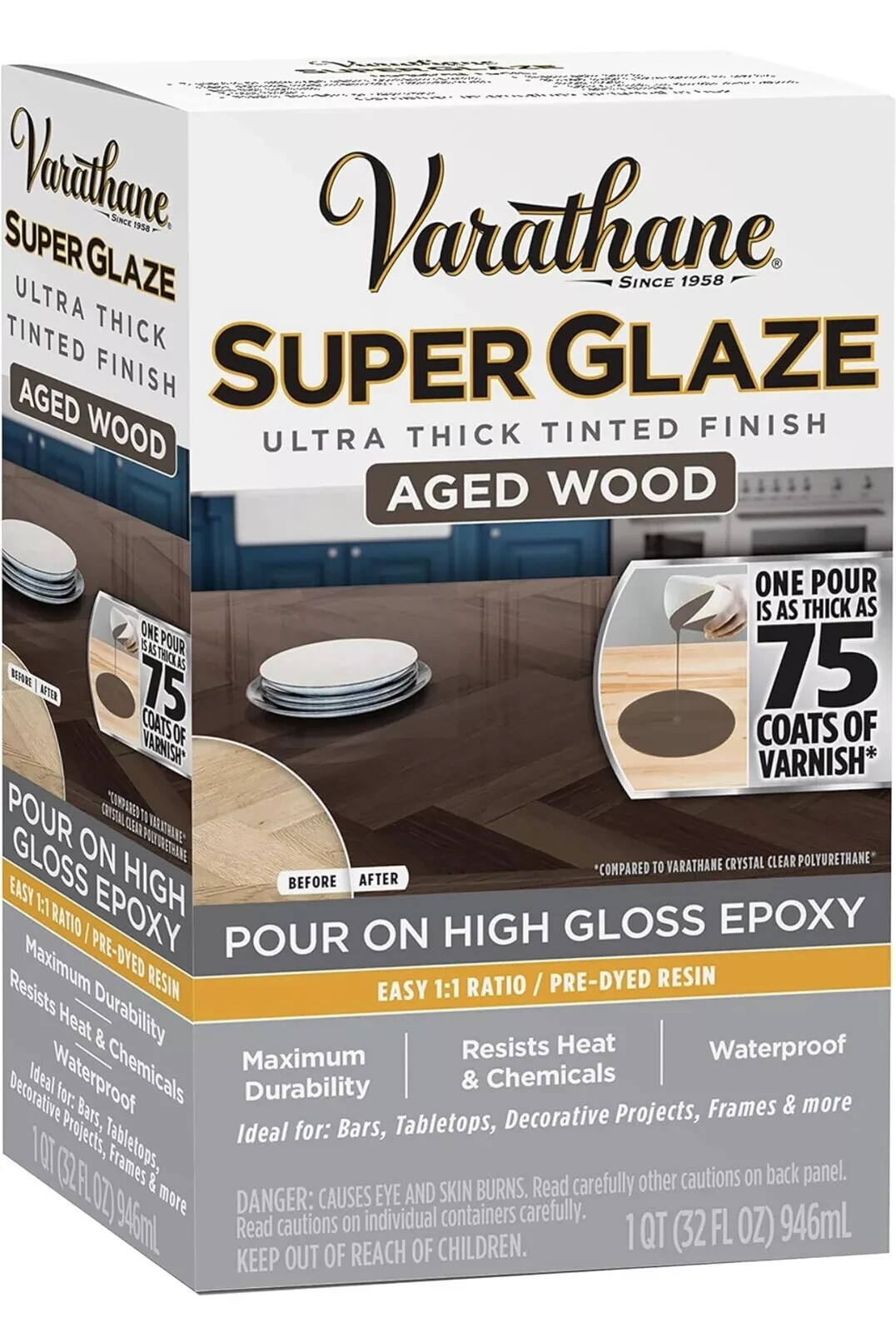 🔥Varathane Epoxy Super Glaze Pour-On High Gloss Quart Kit NEW 32 oz Aged Wood
