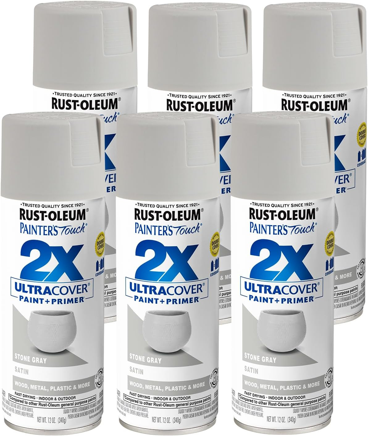 334086-6PK Painter’S Touch 2X Ultra Cover Spray Paint, 12 Oz, Satin Stone Gray,