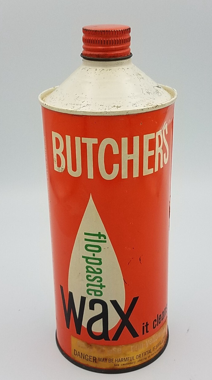 Vintage Butcher’s flo-paste liquid Wax Quart Graphics Full Metal Can
