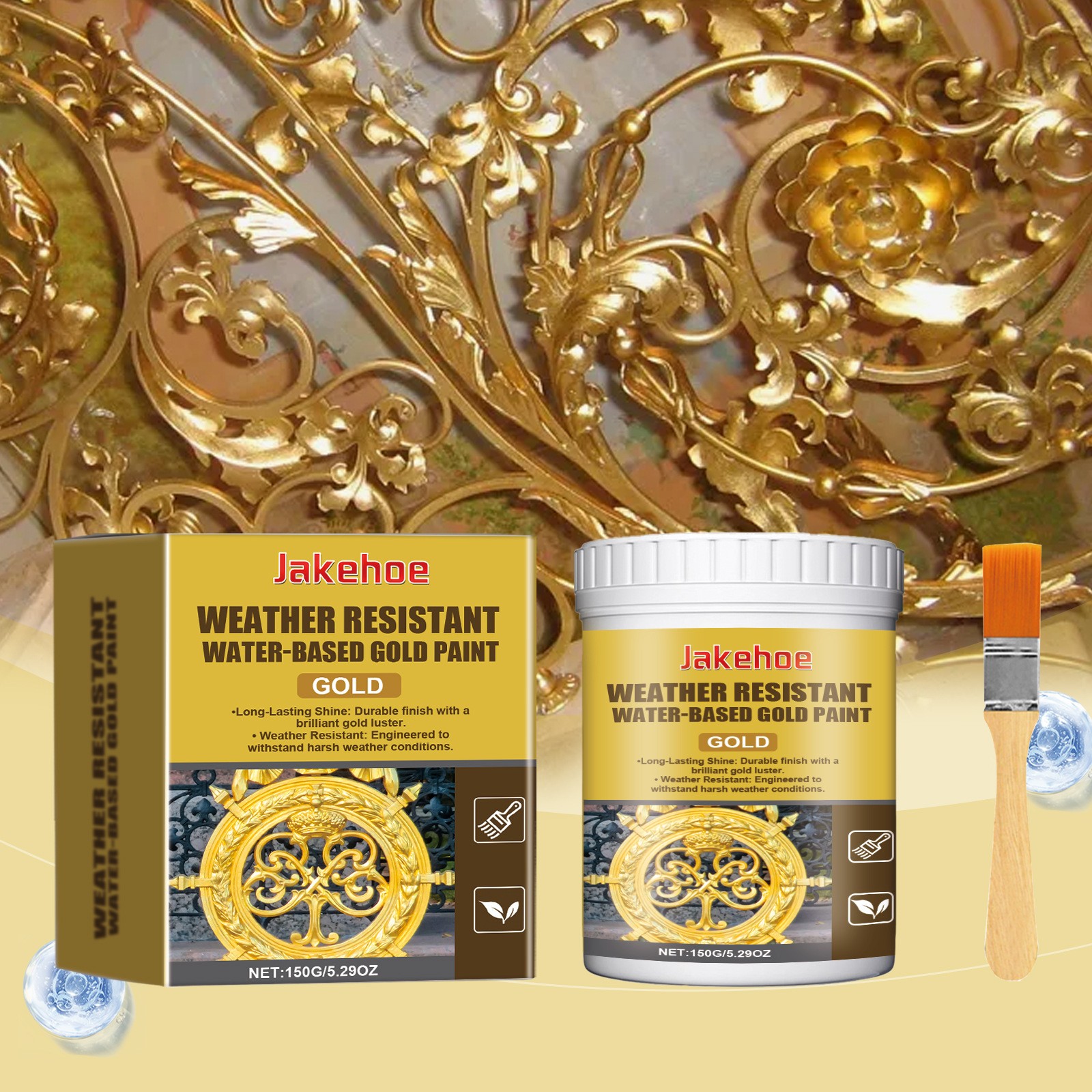 Weather Resistant Gold Paint,Water-Based Outdoor Paint,For Metal Wood Stone 150G