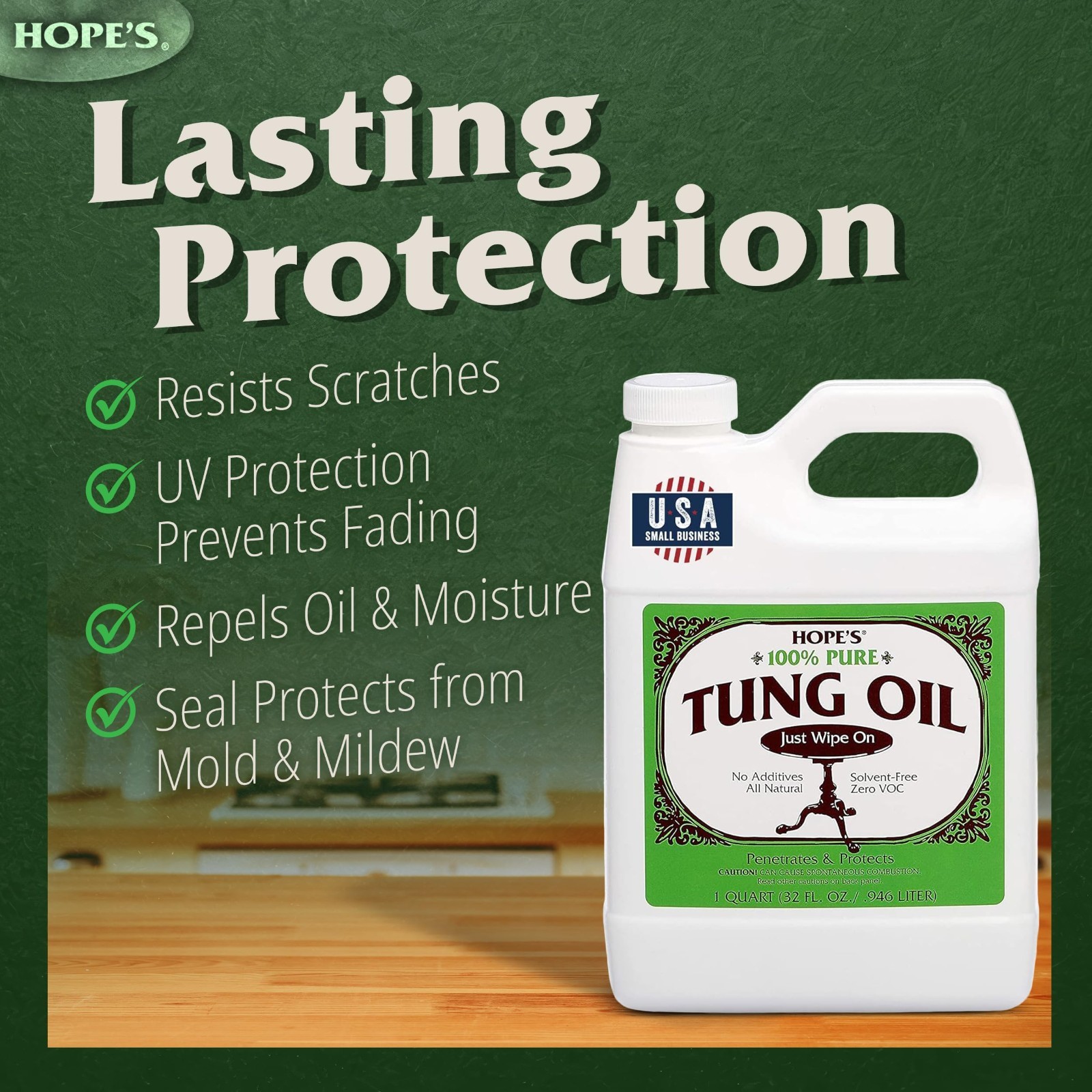 100% Pure Tung Oil – Food Safe Natural Wood Finish & Sealer, 32 Fl Oz, Waterproo