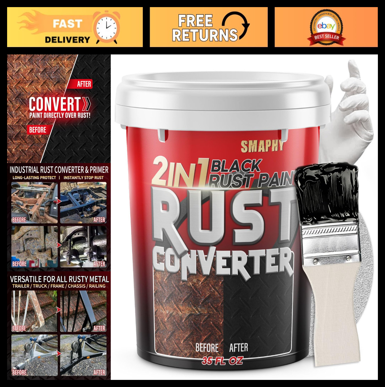 2-in-1 Rust Converter & Metal Primer, 35 oz Black Paint for Trailer, Truck, Car
