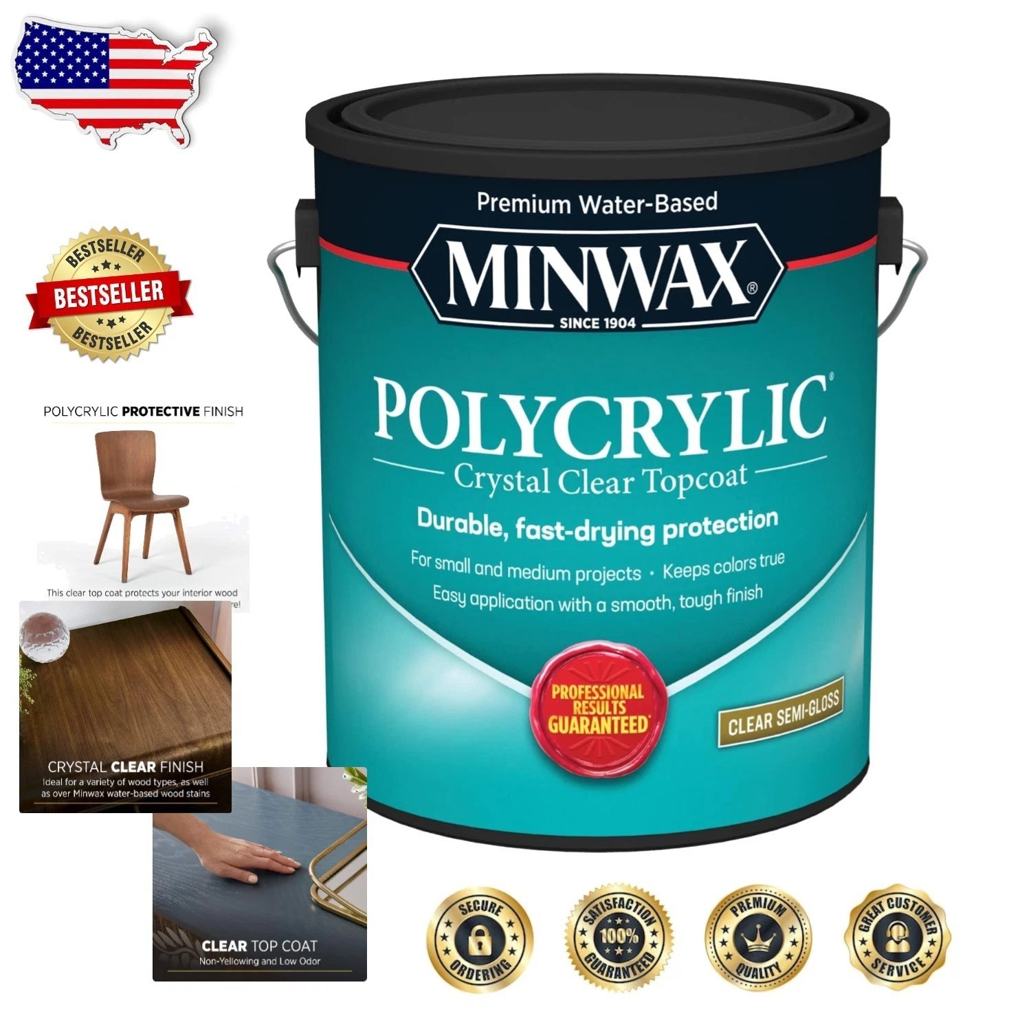 Protective Wood Finish 1 Gal Semi-Gloss Polycrylic – Water-Based, Low Odor, C…