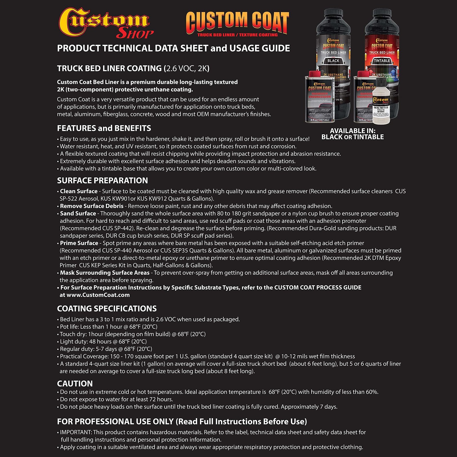 Custom Coat Black 1 Gallon Urethane Spray-On Truck Bed Liner Kit with Spray G…