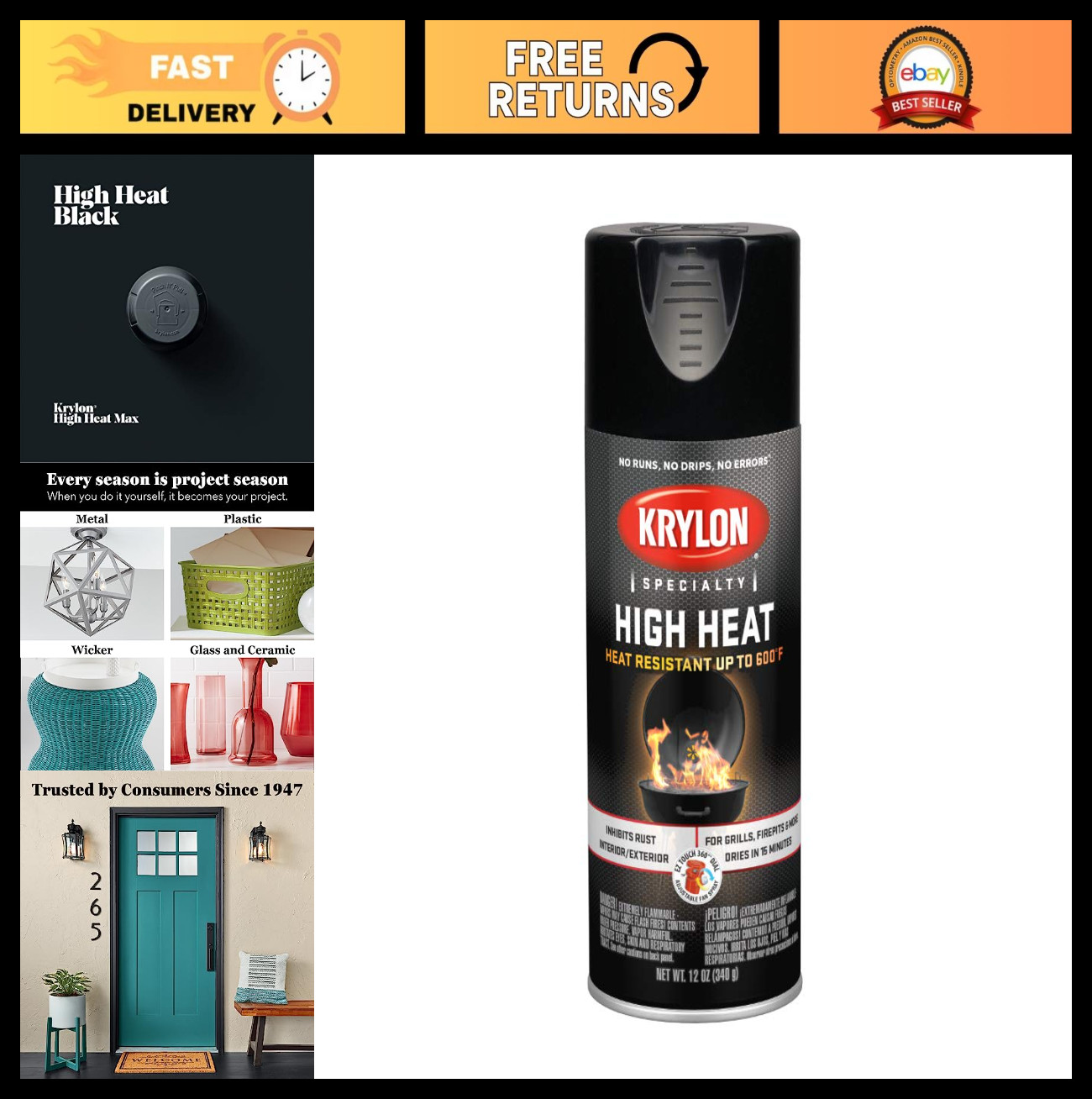 High Heat Satin Black Spray Paint, 12 oz, Ideal for Metal & Outdoor Use