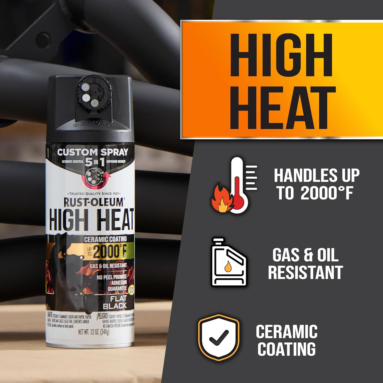 Automotive High Heat Spray Paint Custom Spray 5-In-1, 12 Oz, Flat Black