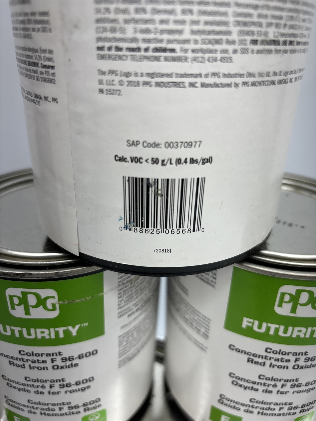 (6) PPG Futurity Zero-VOC Colorant Concentrate F 96-600 Red Iron Oxide 1 Quart
