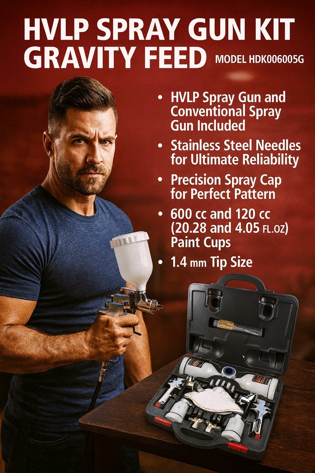 HVLP & Standard Gravity Feed Spray Gun Kit with 600cc &120cc Paint Cups, Stainl