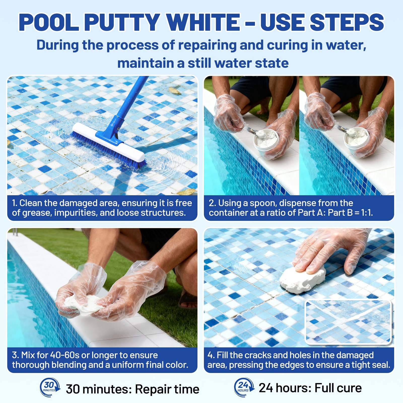 Pool Putty, 17.6oz/500g 2 Part Epoxy Putty for Underwater or White