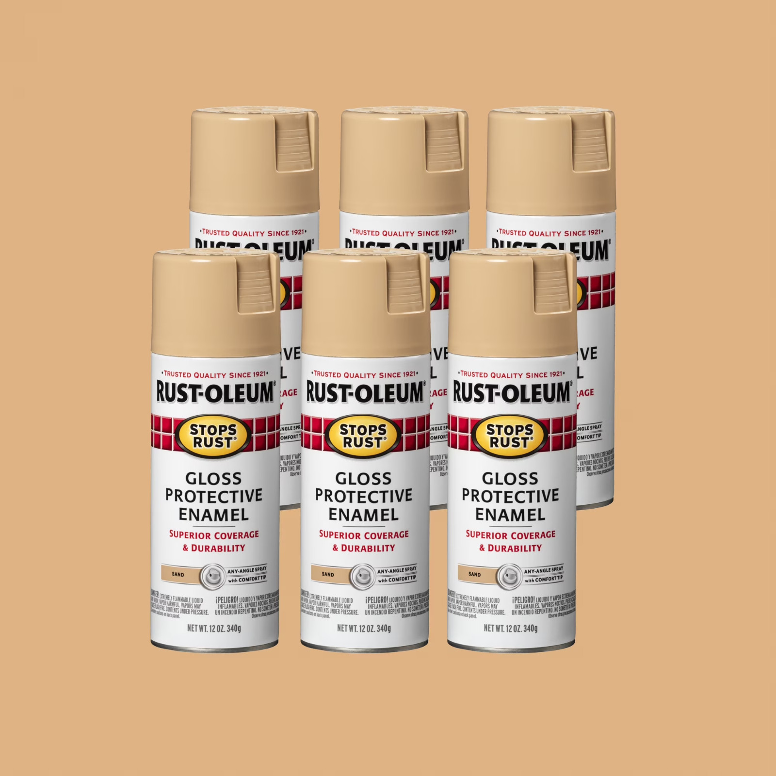 6 Pack, Sand, Rust-Oleum Stops Rust Gloss Protective Enamel Spray Paint-7771830,