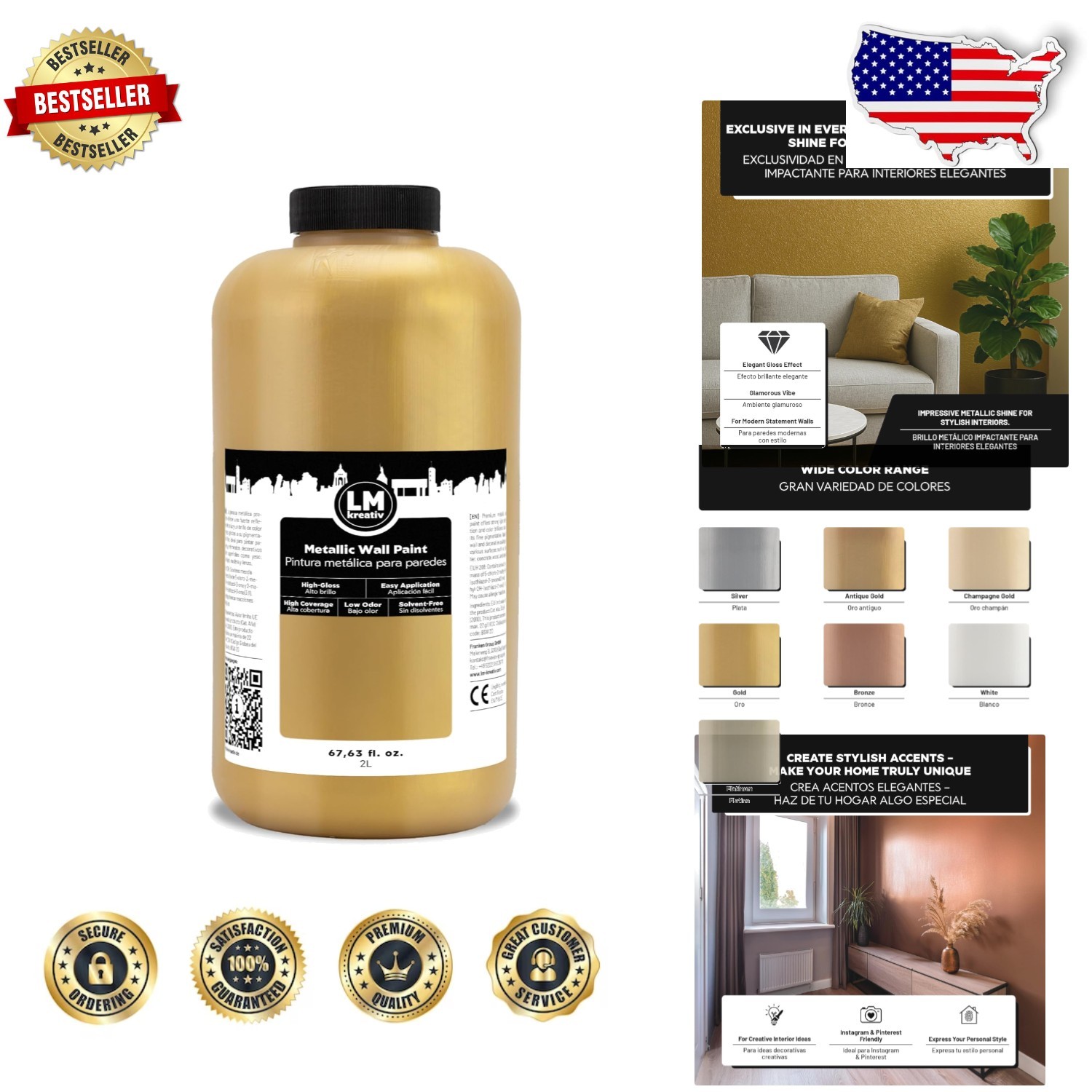 Gold Metallic Wall Paint 67.6oz – Luxe Shine, Water-Based, Scratch-Resistant