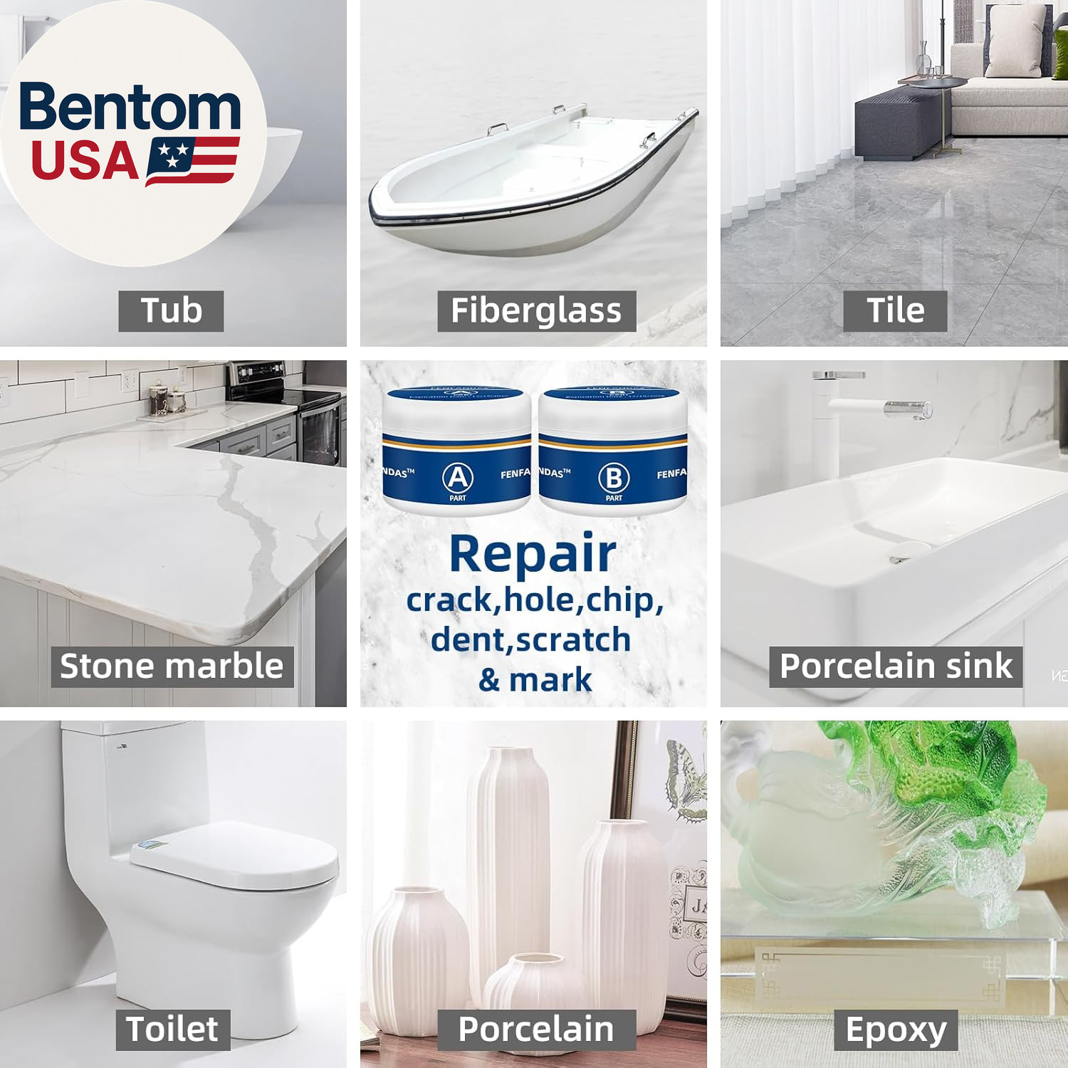Tub and Fiberglass Shower Repair Kit White, 3.7Oz Porcelain Tile Repair Kit, Por