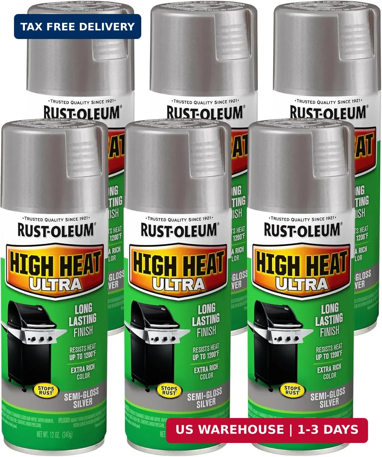 Rust-Oleum 270201 High Heat Ultra Spray Paint, 12 oz, Silver, 6 Pack