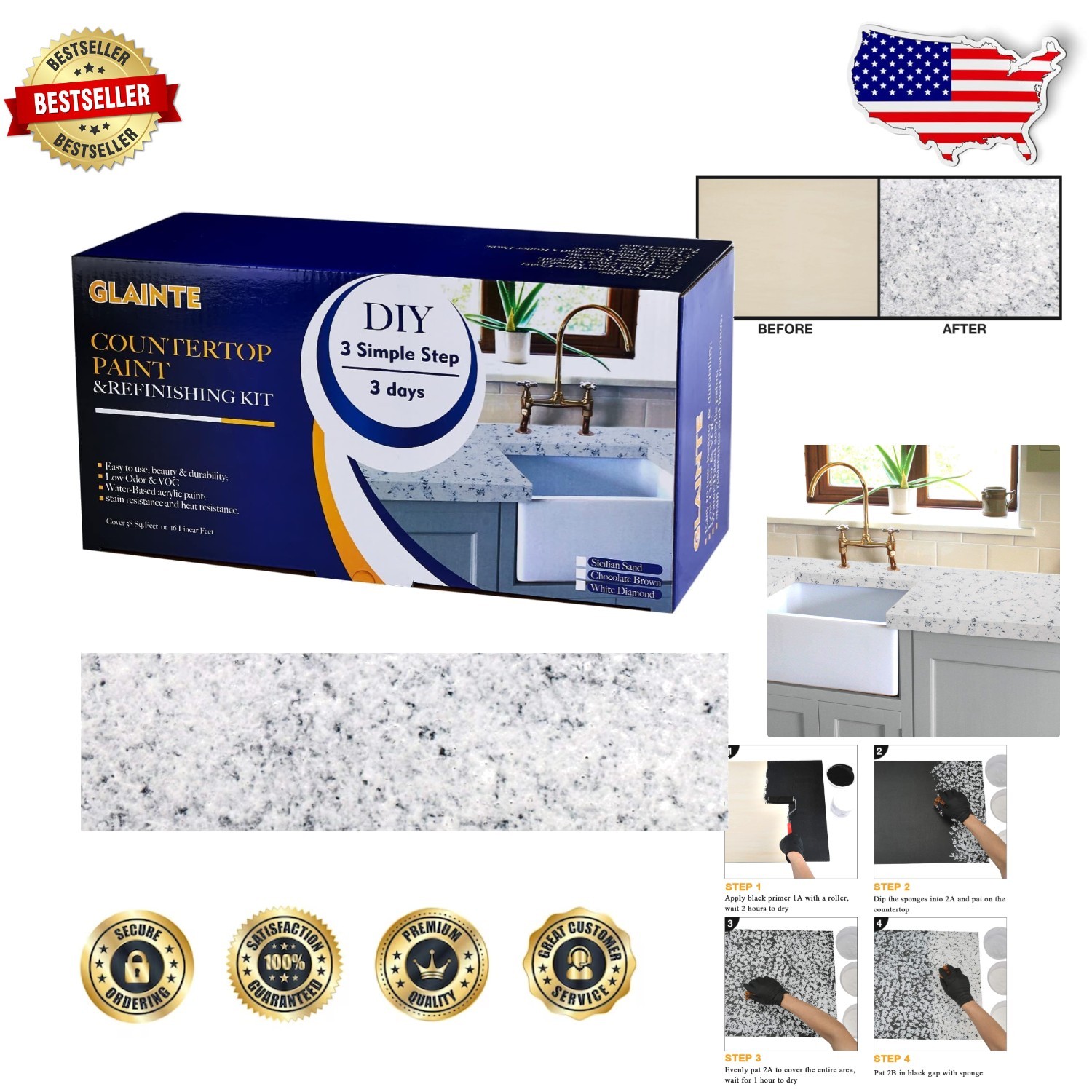DIY Countertop Refinishing Kit White Diamond Fast-Dry Scratch Resistant